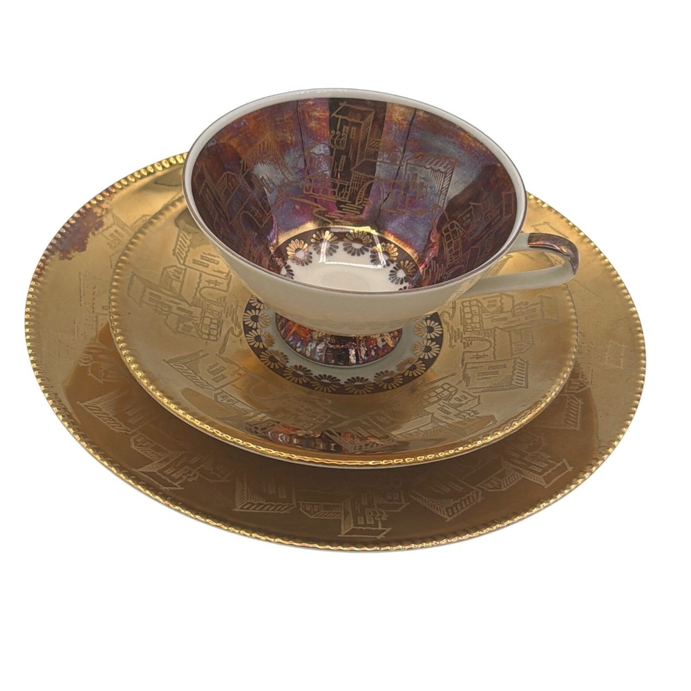 Vintage Winterling Bavaria Gold Lustreware Teacup Trio Pattern 3562 Mid Century
